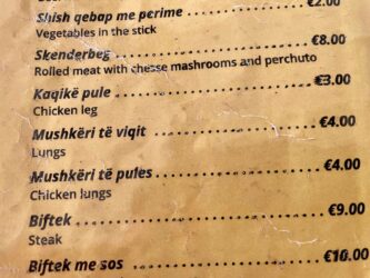 Kosovo, Prizren - menu in the Beska restaurant