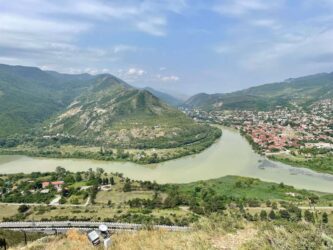 Georgia, Mtskheta - The confluence of the Aragvi and Kura rivers among the mountains near the Jvari monastery