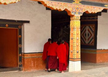 Bhutan, Punakha - Monks at Punakha Dzong