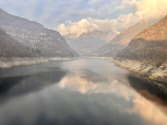 Switzerland, Verzasca - View from Contra Dam, from which James Bond famously 'jumped' during his iconic scene in GoldenEye