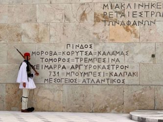 Greece, Athens - The Changing of the Guard by the Evzones (presidential guards) at the Tomb of the Unknown Soldier in Syntagma Square