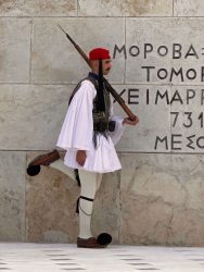 Greece, Athens - The Changing of the Guard by the Evzones (presidential guards) at the Tomb of the Unknown Soldier in Syntagma Square